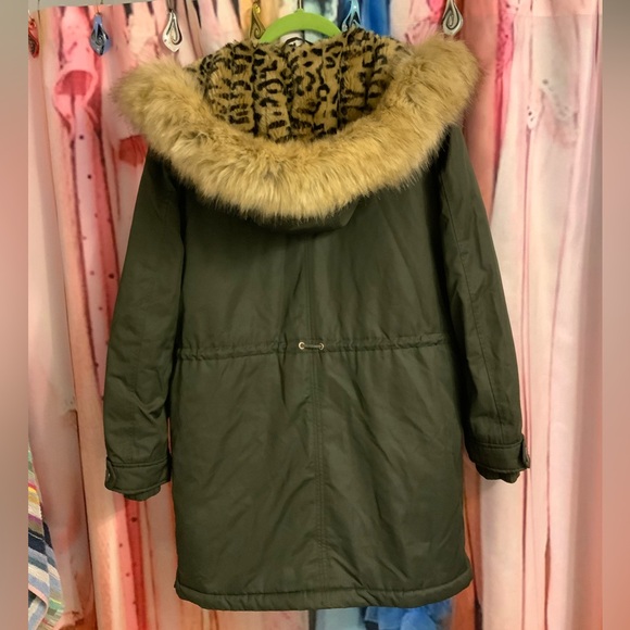 Warm Green Cheetah Fur-Trimmed Parka Coat Zara Trafaluc XS Animal Print - Picture 3 of 4